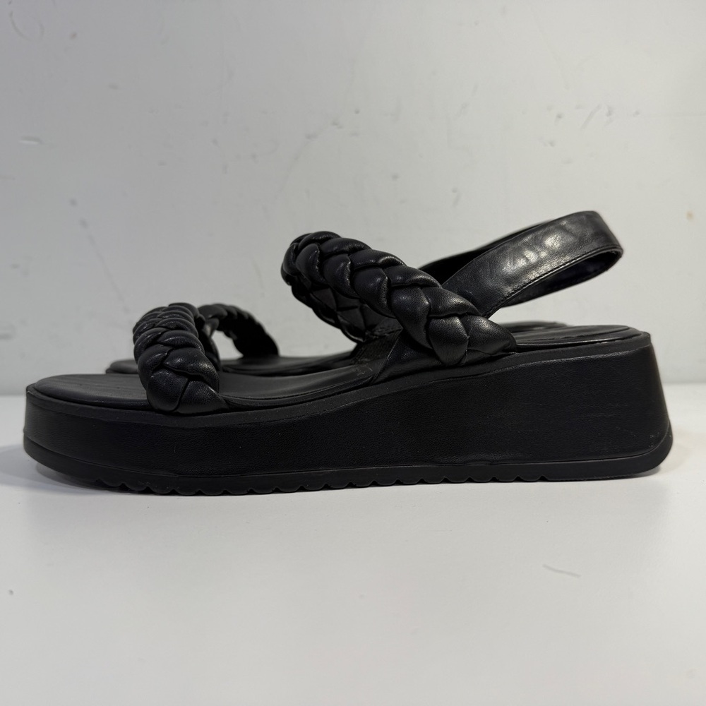 Tamaris Platform Sandals Leather Black Braided Platinum Straps Rubber Soles 39